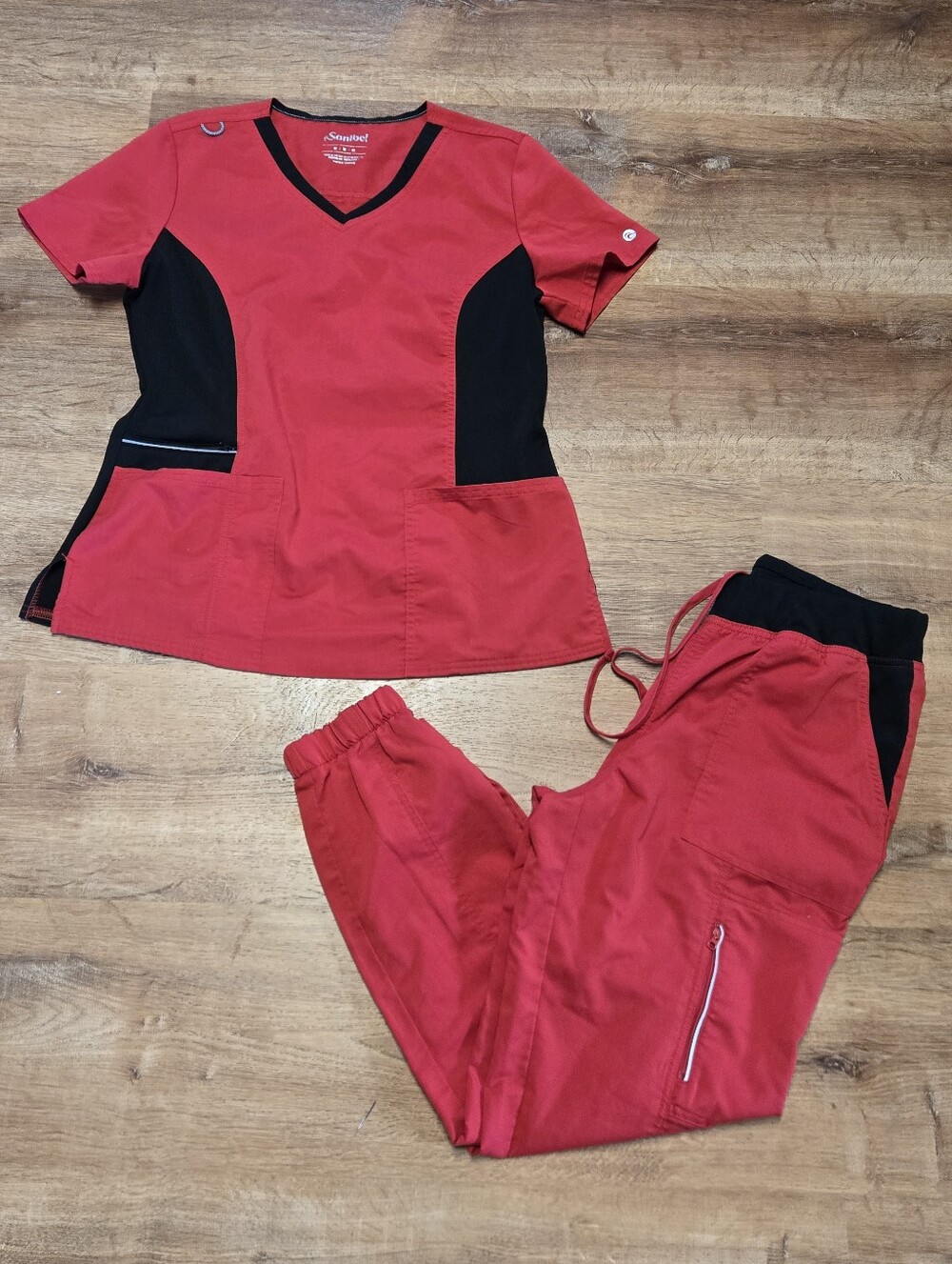 Sanibel Red & Black Women's Scrub Set - V-Neck Top & Jogger Pants Medium